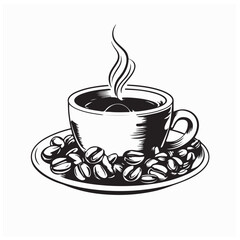 Delicious Hot Coffee Cup with Coffee Beans Vector Illustration Design