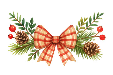 Rustic Christmas border illustration. Watercolor pine branches, plaid ribbon, pine cones, red berries. Festive winter frame