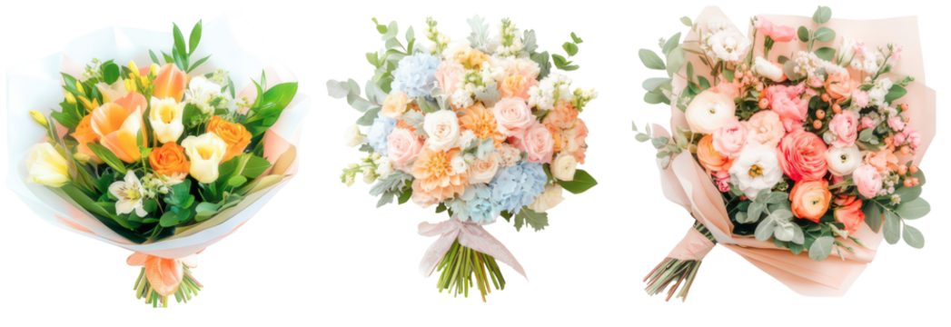 Bouquets of colorful flowers wrapped in paper