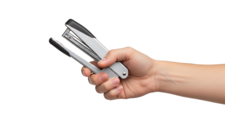 a hand extends a silver stapler office efficiency, productivity, and organization, isolated on transparent background
