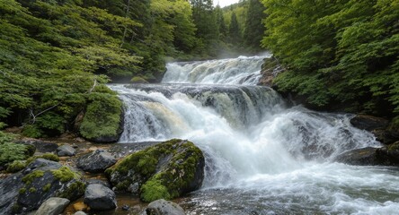 Cascading waterfall with mossy rocks in verdant forest scenery