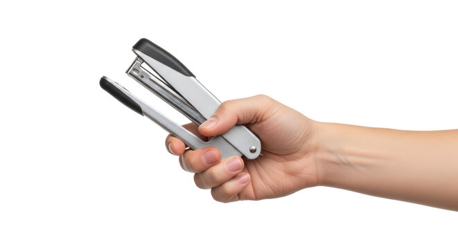 a hand extends a silver stapler office efficiency, productivity, and organization, isolated on transparent background