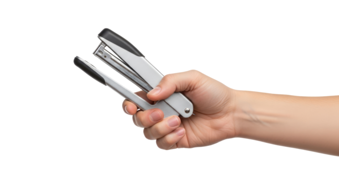 a hand extends a silver stapler office efficiency, productivity, and organization, isolated on transparent background - Powered by Adobe