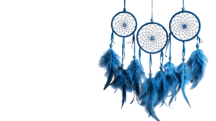 Elegant Boho Dreamcatchers in Indigo Colors Hanging on White Wall Handmade isolated on a transparent background