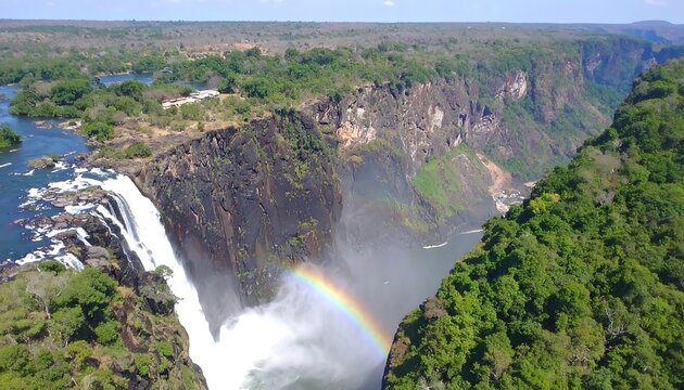 Aerial view of the magnificent Victoria Falls waterfall with a vibrant rainbow - Powered by Adobe