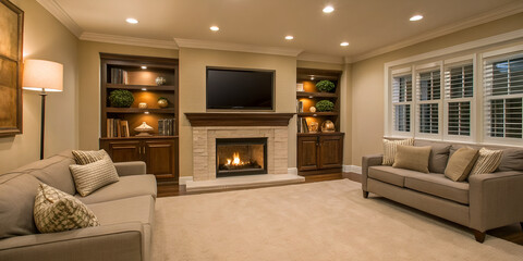 Cozy living room with fireplace and neutral decor in modern minimalist stylish home interior design
