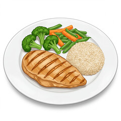 Healthy Grilled Chicken Breast with Vegetables and Rice on a White Plate