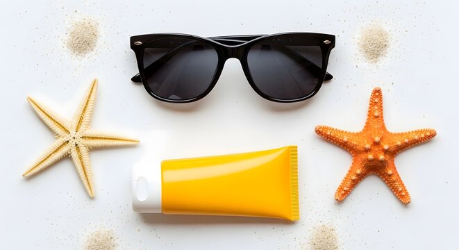 Summer vacation essentials sunglasses, sunscreen, and starfish isolated on white background