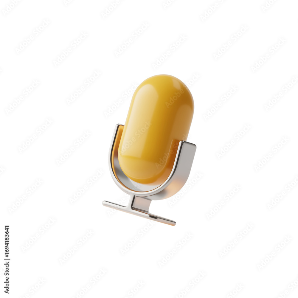 Poster a 3d rendered yellow microphone icon floating above a transparent background.