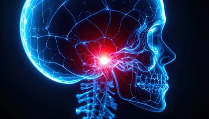 Stunning medical illustration of brain activity and nervous system with glowing neural connections and skull