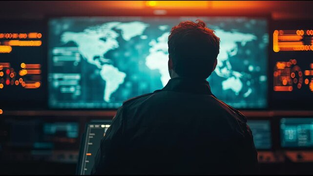 Military specialist observes world map data visualization on computer screens, analyzing potential threats and coordinating strategic responses in a high tech control center