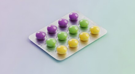 A blister pack of colorful round candies, including purple, green, and yellow, arranged in rows on a light purple and grey gradient background