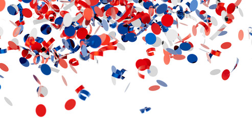 Falling confetti, red, white, and blue circles and ribbons. Perfect for celebrations!