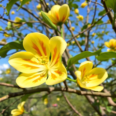 Fototapeta premium American tulip tree (Liriodendron tulipifera) flowers. Magnoliaceae deciduous tree. Upward-facing yellow-green flowers with orange markings bloom in early summer.
