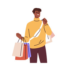 Happy man with shopping bags in hands. Smiling young buyer holding many purchases from sail, retail store discount. Satisfied customer, consumer. Flat vector illustration isolated on white background