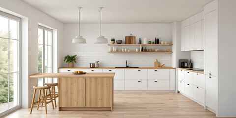 Scandinavian style kitchen with wooden countertop and white cabinets