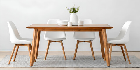 Minimal dining space design with wooden table and white chairs