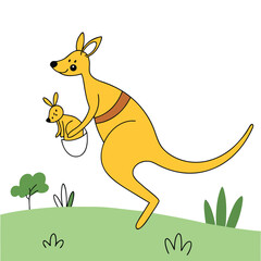 Adorable mother kangaroo carries joey in pouch, hopping across grassy landscape with cute cartoon style