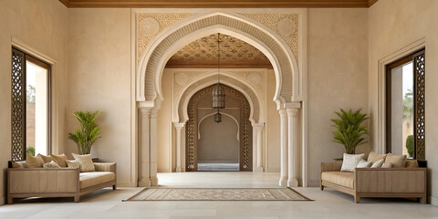 Elegant interior design featuring archway structure and neutral tones
