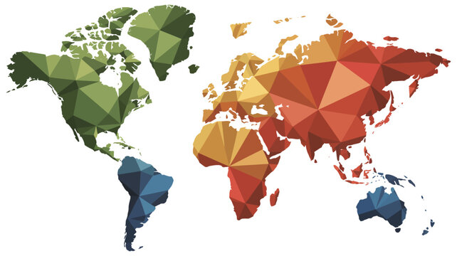 A low poly world map illustration with continents colored in different shades on a white background