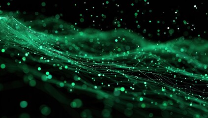 Abstract swirling green particles on a black background