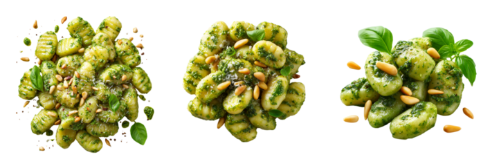 Three piles of pesto gnocchi with pine nuts and basil leaves isolated on a transparent background pasta