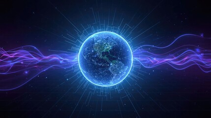 Dynamic digital globe pulsates with vibrant energy and glowing data streams, showcasing global connectivity and futuristic innovation in a stunning abstract network