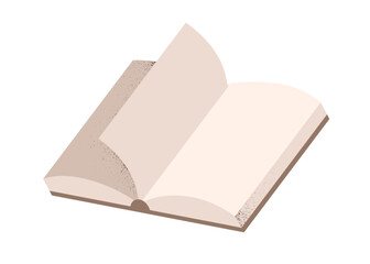 Open book with blank empty pages. Notebook, paper journal, diary with turning page, clean sheets for reading, education. New sketchbook. Flat vector illustration isolated on white background