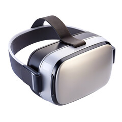 A virtual reality headset with a black strap and silver accents, isolated on transparent background