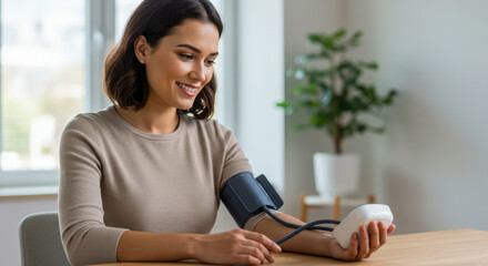 A smiling woman is checking her blood pressure at home with a digital monitor.