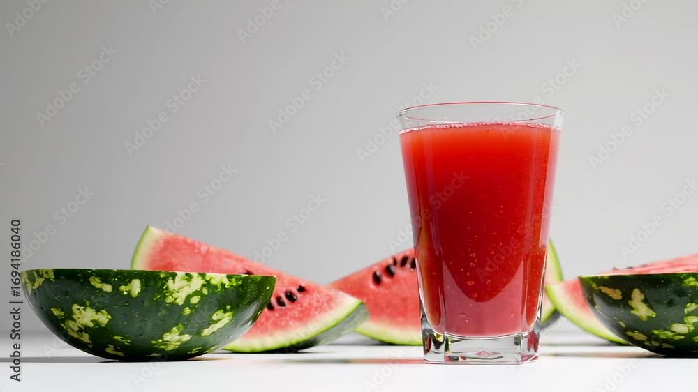 Poster watermelon juice is displayed in a glass with watermelon slices arranged on a white background, crea