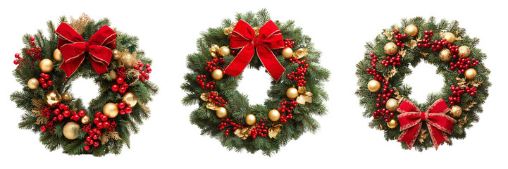 Three festive Christmas wreaths with red bows and gold ornaments isolated on a transparent background