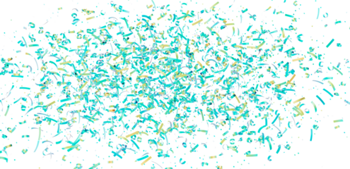 High-resolution image of teal and gold confetti falling on white background. Perfect for celebrations, parties, and festive designs.