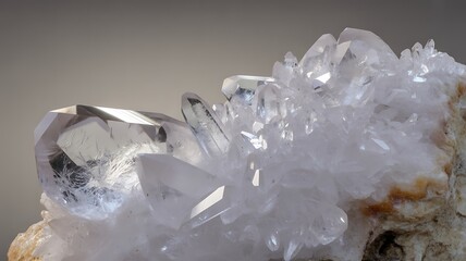 Close up of a cluster of translucent quartz crystals with subtle purple hues