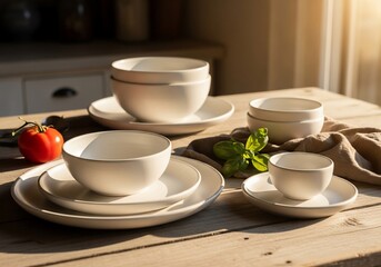 Ceramic tableware Minimalist style Neutral tones Wooden table setting Simple elegance high quality professional