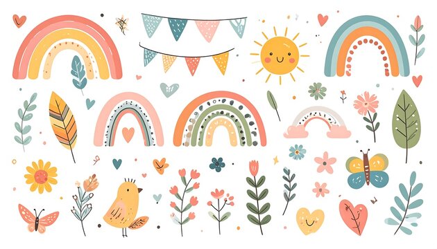 Charming whimsical illustration featuring rainbows, sun, bird, plants and flowers