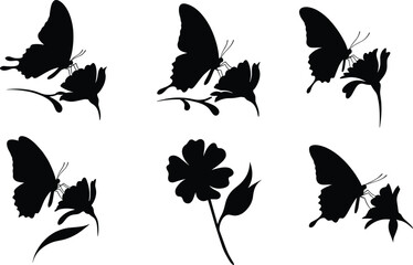 Butterfly and flower silhouette illustration, elegant insect design, vector black nature art, perfect for spring, floral decoration, tattoo, or print.