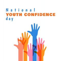 National youth confidence day poster with colorful raise hands flat illustration