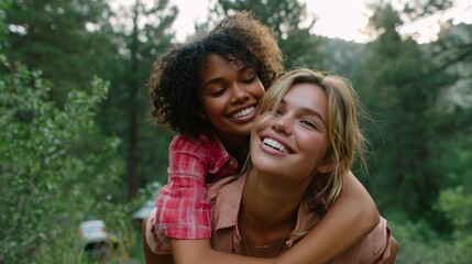 Fototapeta premium Friends enjoying a joyful moment outdoors in a lush forest during the golden hour of sunset