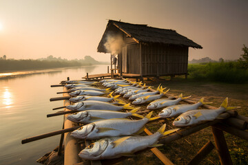 Freshly caught fish drying in the warm glow of sunset by a tranquil river