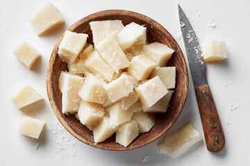 Close-up of a wooden bowl filled with chunks of Parmesan cheese, with a cheese knife beside it.