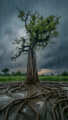 Ancient tree with exposed roots stands strong against a dramatic rainy sky.