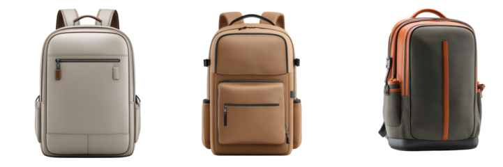 Three backpacks in beige brown and green with orange accents isolated on a transparent background luggage