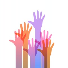 Fototapeta premium Colorful flat vector illustration of raised hands symbolizing youth confidence community