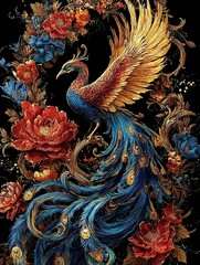 Obraz premium Majestic Golden Phoenix Soars Gracefully Among Vibrant Flowers in a Dark Fantasy Setting