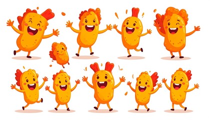 Cheerful cartoon tempura characters dancing and celebrating on white background