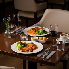 Romantic dinner for two with delicious food and wine, creating a cozy and inviting atmosphere.