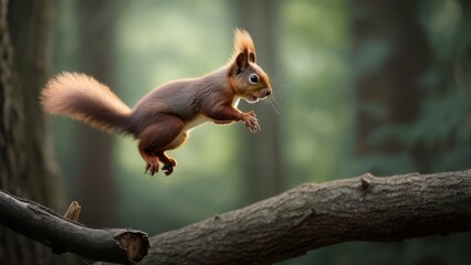 Obraz premium Red Squirrel in mid-air jump