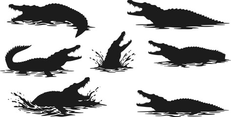Crocodile silhouettes in water, aggressive reptile vector design, animal illustration perfect for wildlife artwork, tattoos, logos, nature, danger scenes.
