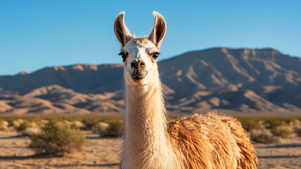 Obraz premium A captivating llama with soft white and brown fur stands majestically in a vast arid desert landscape, looking directly at the viewer under a bright blue sky, conveying curiosity and natural beauty